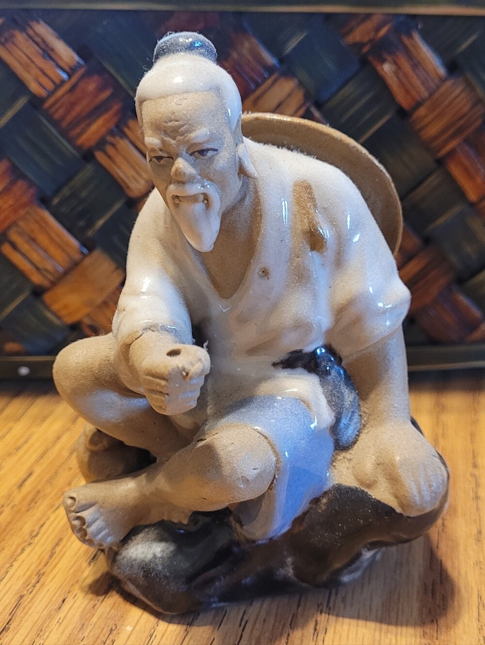 Vintage Ceramic Seated Elder Figurine in Cream and Brown